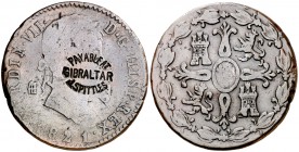 1821. Fernando VII. Segovia. 8 maravedís. (Cal. 1681 var). 10,13 g. Contramarca: PAY A BLEAT (pagadero a)/GIBRALTAR/J. SPITTLES (MBC+). Rara. BC/BC+.