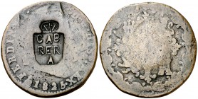 1825. Fernando VII. Segovia. 8 maravedís. 8 g. Contramarca carlista: CAB/RER/A (MBC). Muy rara. BC.