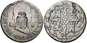 1825. Fernando VII. Segovia. 8 maravedís. 11,63 g. Contramarca carlista: CAB/RER/A (MBC). Muy rara. MBC-.