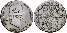 1826. Fernando VII. Segovia. 8 maravedís. 11,36 g. Contramarca carlista: C.V/1837. Rara. MBC-.