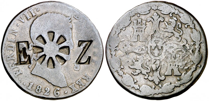 1826. Fernando VII. (Segovia). 8 maravedís. 10,68 g. Contramarca: "estrella" de ...