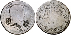 1826. Fernando VII. Segovia. 8 maravedís. 11 g. Contramarca: 6 CENT D(E) F. BC.