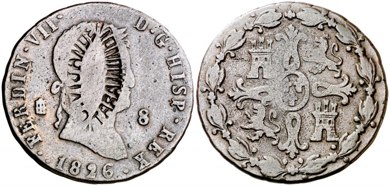 1826. Fernando VII. Segovia. 8 maravedís. 10,61 g. Contramarca: (C) VIJANDE/TARA...