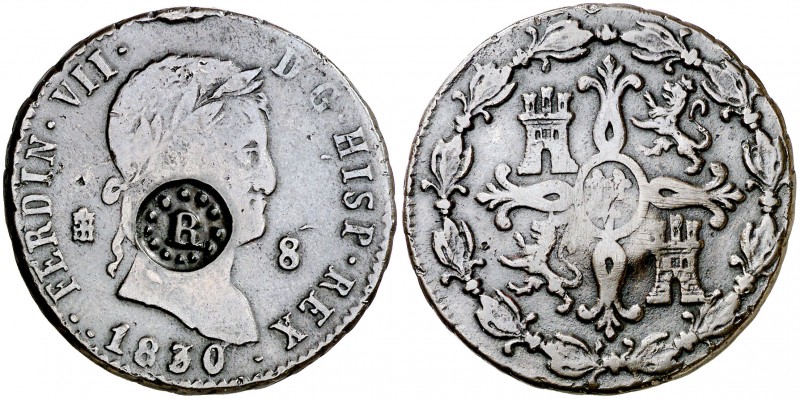 1830/27. Fernando VII. Segovia. 8 maravedís. 11,14 g. Resello: R en círculo de p...