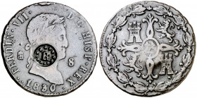 1830/27. Fernando VII. Segovia. 8 maravedís. 11,14 g. Resello: R en círculo de puntos, imitando el de El salvador (De Mey 1099). MBC-.