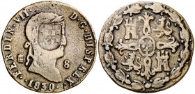 1830. Fernando VII. Segovia. 8 maravedís. 9,59 g. Falsa de época. Fundida. Resello: escudo de Portugal (De Mey 406) para circular por Brasil. (BC+).