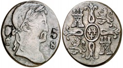 (1837). Carlos V, Pretendiente. Segovia. 8 maravedís. (Cal. 4). 6,30 g. Moneda manipulada. Ovalada y con contramarca: C-5. Muy curiosa. MBC.