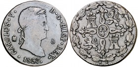 1837. Carlos V, Pretendiente. Segovia. 8 maravedís. (Cal. 4). 10,71 g. Rarísima. MBC-/MBC.
