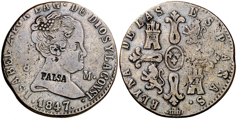 1847. Isabel II. Segovia. 8 maravedís. (Barrera 678). 9,28 g. Falsa de época. De...
