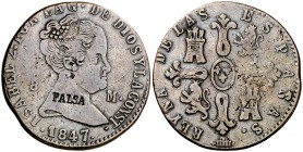 1847. Isabel II. Segovia. 8 maravedís. (Barrera 678). 9,28 g. Falsa de época. Desmonetizada con la contramarca: FALSA. Rara. BC+.