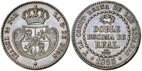 1853. Isabel II. Segovia. Doble décima de real. (Cal. 579). 8,07 g. Leves marquitas. Buen ejemplar. Rara. EBC-.