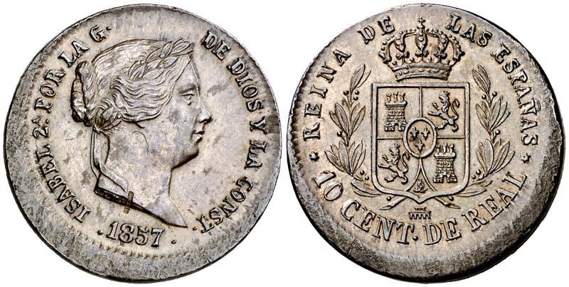 1857. Isabel II. Segovia. 10 céntimos de real. (Cal. 603). 3,91 g. Acuñación des...