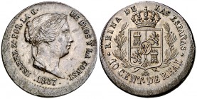 1857. Isabel II. Segovia. 10 céntimos de real. (Cal. 603). 3,91 g. Acuñación desplazada. EBC.