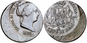 1858. Isabel II. Segovia. . 25 céntimos de real. (Cal. 593 var). 8,80 g. Acuñación desplazada. Rara. BC+.