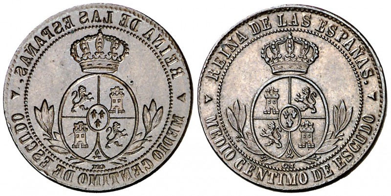(1866-1868). Isabel II. Segovia. . 1/2 céntimo de escudo. 1,29 g. Reverso incuso...