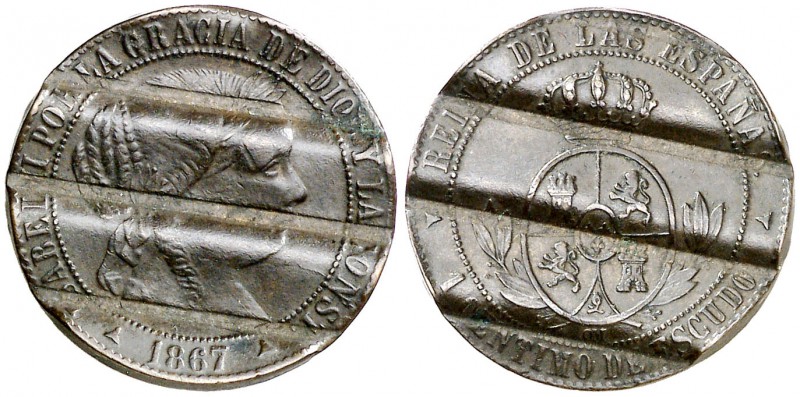1867. Isabel II. Segovia. . 1 céntimo de escudo. 2,52 g. Desmonetizada. (MBC).