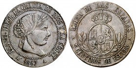 1867. Isabel II. Segovia. 5 céntimos de escudo. (Barrera falta). 12,59 g. Falsa de época muy curiosa. Golpecitos. MBC.