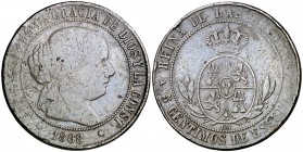 1868. Isabel II. . 5 céntimos de escudo. (Barrera falta). 11,29 g. Falsa de época. (BC).