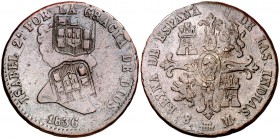 1836. Isabel II. Segovia. 8 maravedís. 10,41 g. Valor en reverso. Doble resello: escudo de Portugal (De Mey 406) para circular por Brasil. Rara. BC+.