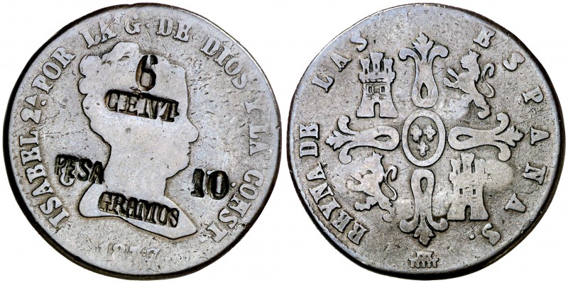 1837. Isabel II. Segovia. 8 maravedís. 11,06 g. Contramarca: 6/CENT/PESA 10/GRAM...