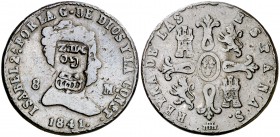 1841. Isabel II. Segovia. 8 maravedís. 10,23 g. Contramarca carlista: GO/MEZ (Miguel Gomez Damas, militar). Rara. BC+.