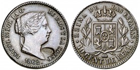 1862. Isabel II. Segovia. 10 céntimos de real. 3,82 g. Contramarca: LARRA en óvalo. Rara. MBC+.
