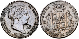 1863. Isabel II. Segovia. 25 céntimos de real. 9,44 g. Contramarca: LARRA en óvalo. Rara. MBC.