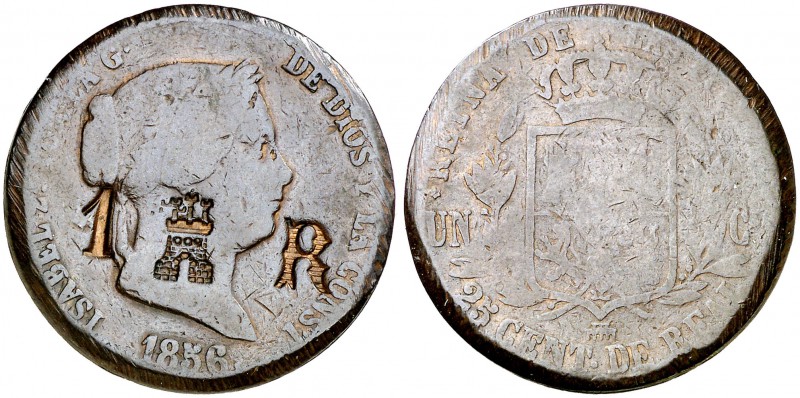 1856. Isabel II. Segovia. 25 céntimos de real. 9,02 g. Contramarca: Castillo ent...