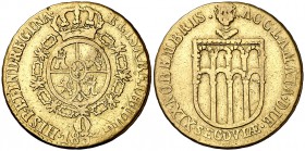 1833. Isabel II. Segovia. Medalla de Proclamación. (Ha. 30 var) (V. 758 var) (V.Q. 13380 var). 4,94 g. 24 mm. Bronce dorado. Acueducto con dos órdenes...