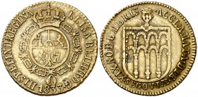 1833. Isabel II. Segovia. Medalla de Proclamación. (Ha. 30 var) (V. 758 var) (V.Q. 13380 var). 5,37 g. 24 mm. Cobre. Acueducto con dos órdenes de cuat...