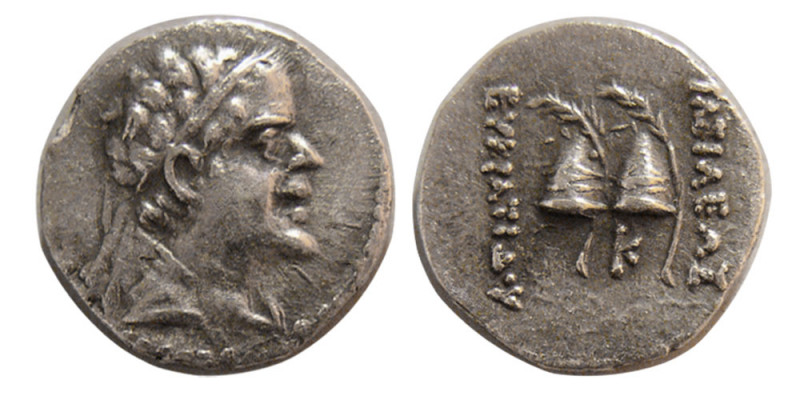 BACTRIAN KINGDOM. Eukratides I. 171-145 BC. AR Obol (0.66 gm; 10 mm). Diademed a...