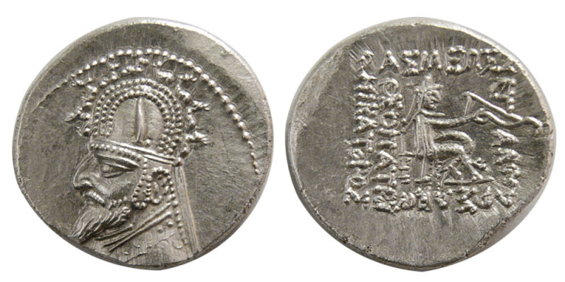 KINGS of PARTHIA. Sinatrukes. 93-69 BC. AR Drachm (4.12 gm; 20 mm). Bust left, w...