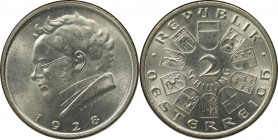 RDR – Habsburg – Österreich, REPUBLIK ÖSTERREICH. 100 Jahre Franz Schubert. 2 Schilling 1928. 12,0 g. 0.640 Silber. 0.25 OZ. KM 2843. Stempelglanz, Kl...
