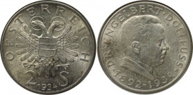 RDR – Habsburg – Österreich, REPUBLIK ÖSTERREICH. Engelbert Dollfuß. 2 Schilling 1934. 12,0 g. 0.640 Silber. 0.25 OZ. KM 2852. Stempelglanz