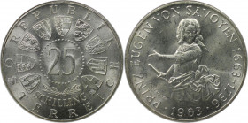 RDR – Habsburg – Österreich, REPUBLIK ÖSTERREICH. 300. Geburtstag vo Prinz Eugen von Savoyen. 25 Schilling 1963. 13,0 g. 0.800 Silber. 0.33 OZ. KM 289...