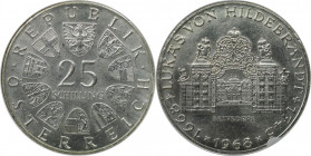 RDR – Habsburg – Österreich, REPUBLIK ÖSTERREICH. 300. Geburtstag von Lukas von Hildebrandt. 25 Schilling 1968. 13,0 g. 0.800 Silber. 0.33 OZ. KM 2903...