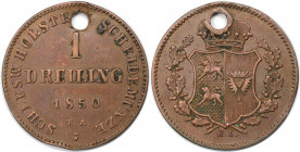 Altdeutsche Münzen und Medaillen, SCHLESWIG - HOLSTEIN. 1 Dreiling 1850 TA HL. Kupfer. KM 160. Sehr schön, Loch