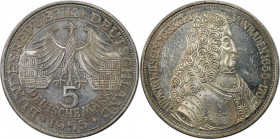 Deutsche Münzen und Medaillen ab 1945, BUNDESREPUBLIK DEUTSCHLAND. 5 Mark 1955 G. Silber. Jaeger 390. Vorzüglich-Stempelglanz