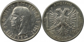 Europäische Münzen und Medaillen, Albanien / Albania. Vittorio Emanuele III. 5 Lek 1939 R. 5,0 g. 0.835 Silber. 0.13 OZ. KM 33. Stempelglanz
