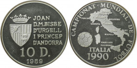 Europäische Münzen und Medaillen, Andorra. Fussball WM 1990 in Italien. 10 Diners 1989. 12,0 g. 0.925 Silber. 0.36 OZ. KM 60. Polierte Platte