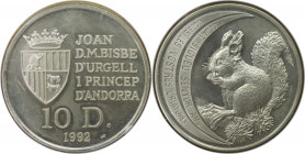 Europäische Münzen und Medaillen, Andorra. Eichhörnchen. 10 Diners 1992. 31,10 g. 0.925 Silber. 0.93 OZ. KM 74. Polierte Platte