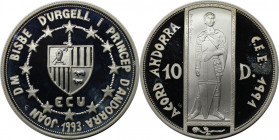 Europäische Münzen und Medaillen, Andorra. Europäische Union - St. Georg. 10 Diners 1993. Silber. KM 89. Polierte Platte