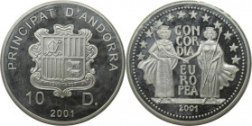 Europäische Münzen und Medaillen, Andorra. Concordia Europea. 10 Diners 2001. 31,47 g. 0.925 Silber. 0.94 OZ. KM 173. Polierte Platte