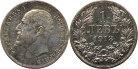Europäische Münzen und Medaillen, Bulgarien / Bulgaria. Ferdinand I. 1 Lev 1913. Silber. KM 31. Vorzüglich