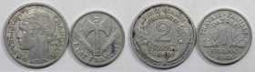 Europäische Münzen und Medaillen, Frankreich / France, Lots und Sammlungen. 1 Franc 1942, KM 902.1, 2 Francs 1944, KM 886a.1. Lot von 2 Münzen. Alumin...