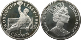Europäische Münzen und Medaillen, Gibraltar. Weltcup-Fußball. 1 Crown 1990. 28,28 g. 0.925 Silber. 0.84 OZ. KM 35a. Polierte Platte