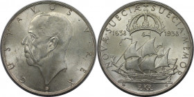 Europäische Münzen und Medaillen, Schweden / Sweden. Gustav V. (1907-1950). 300 Jahre Delaware. 2 Kronor 1938. 15,0 g. 0.800 Silber. 0.39 OZ. KM 807. ...