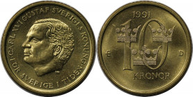 Europäische Münzen und Medaillen, Schweden / Sweden. Carl XVI. Gustaf. 10 Kronor 1991 D, KM 877. Vorzüglich, Winz.Kratzer