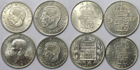 Europäische Münzen und Medaillen, Schweden / Sweden, Lots und Samllungen. Gustaf VI. Adolf (1950-1973). 2 x 5 Kronor 1955, 1966, 2 x 2 Kronor 1961, 19...