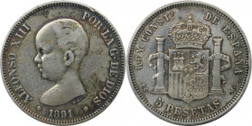 Europäische Münzen und Medaillen, Spanien / Spain. Alfonso XIII. 5 Pesetas 1891 PG - M. Silber. KM 691. Sehr Schön